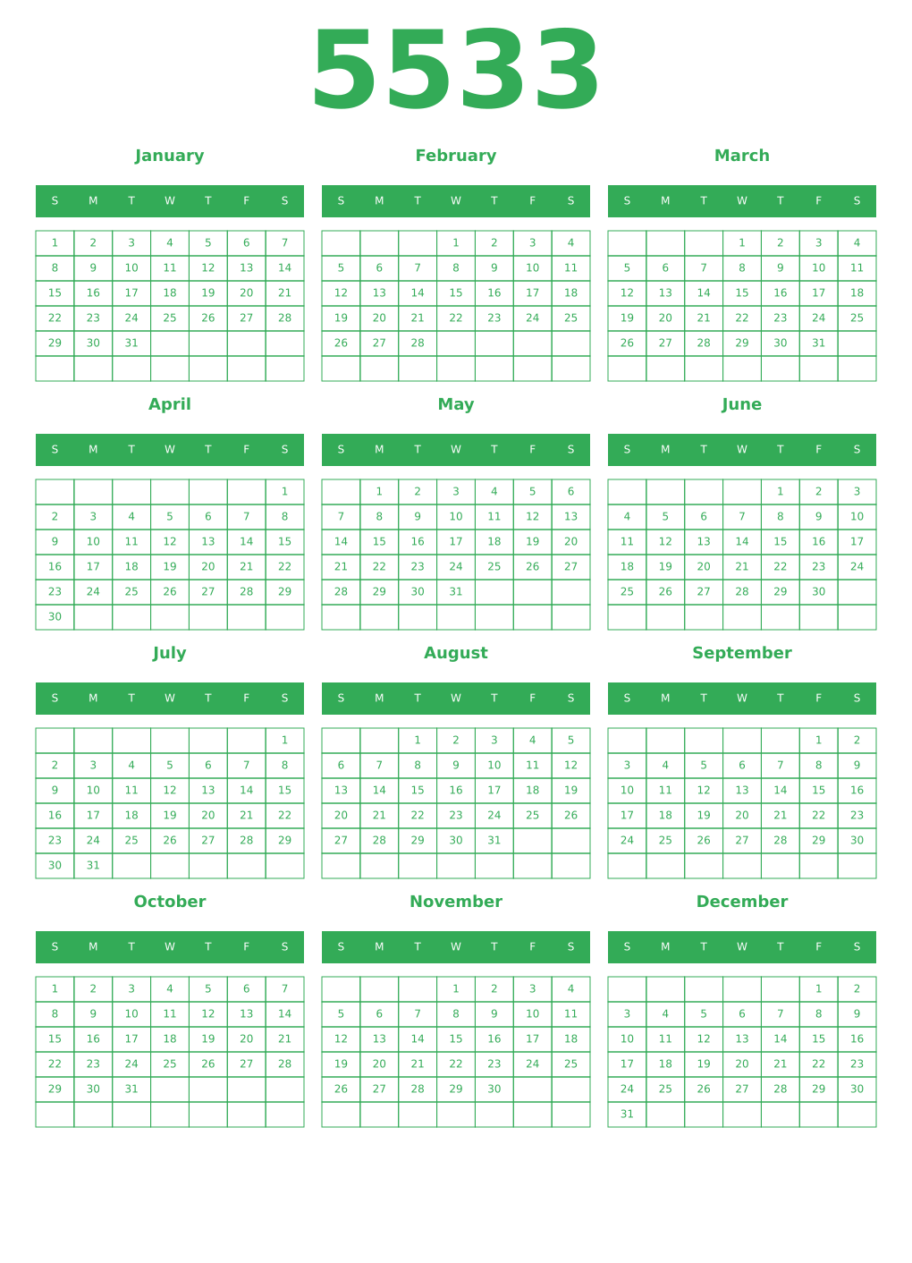 Printable 5533 Year Calendars green