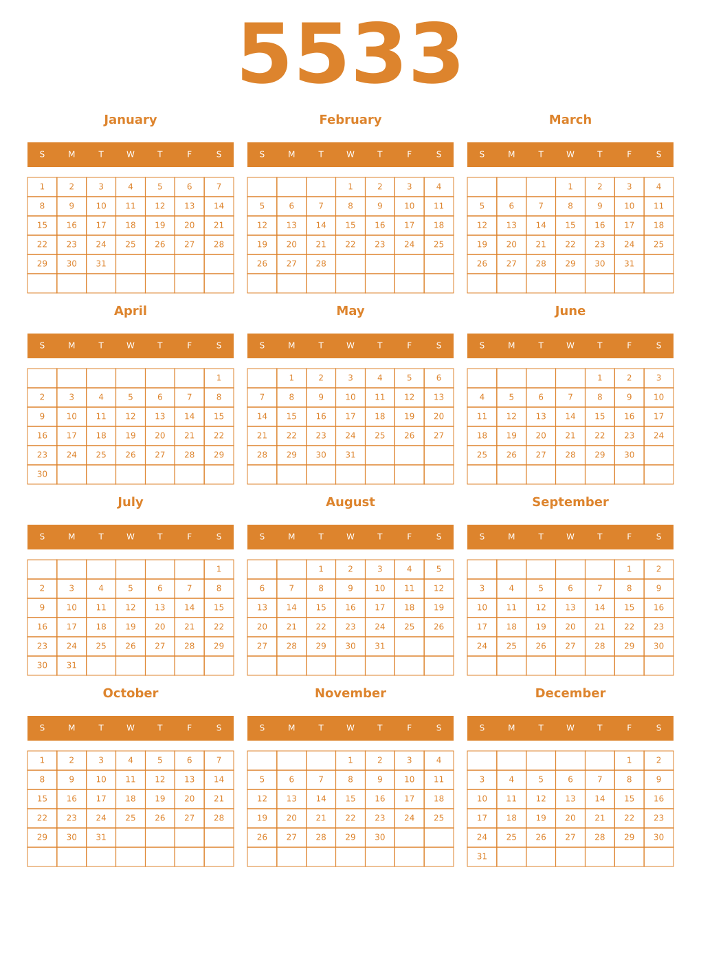 Printable 5533 Year Calendars orange