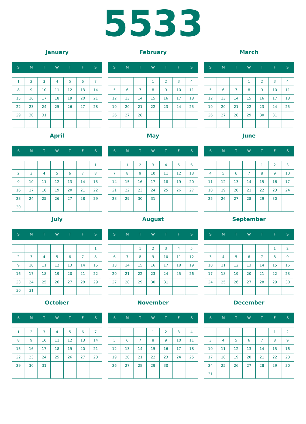 Printable 5533 Year Calendars pastel