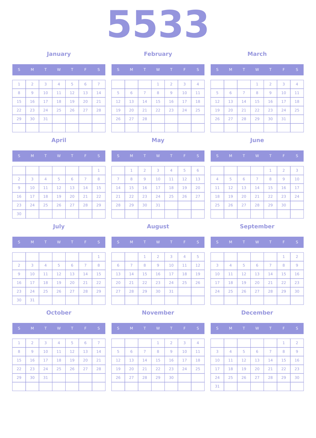Printable 5533 Year Calendars periwinkle