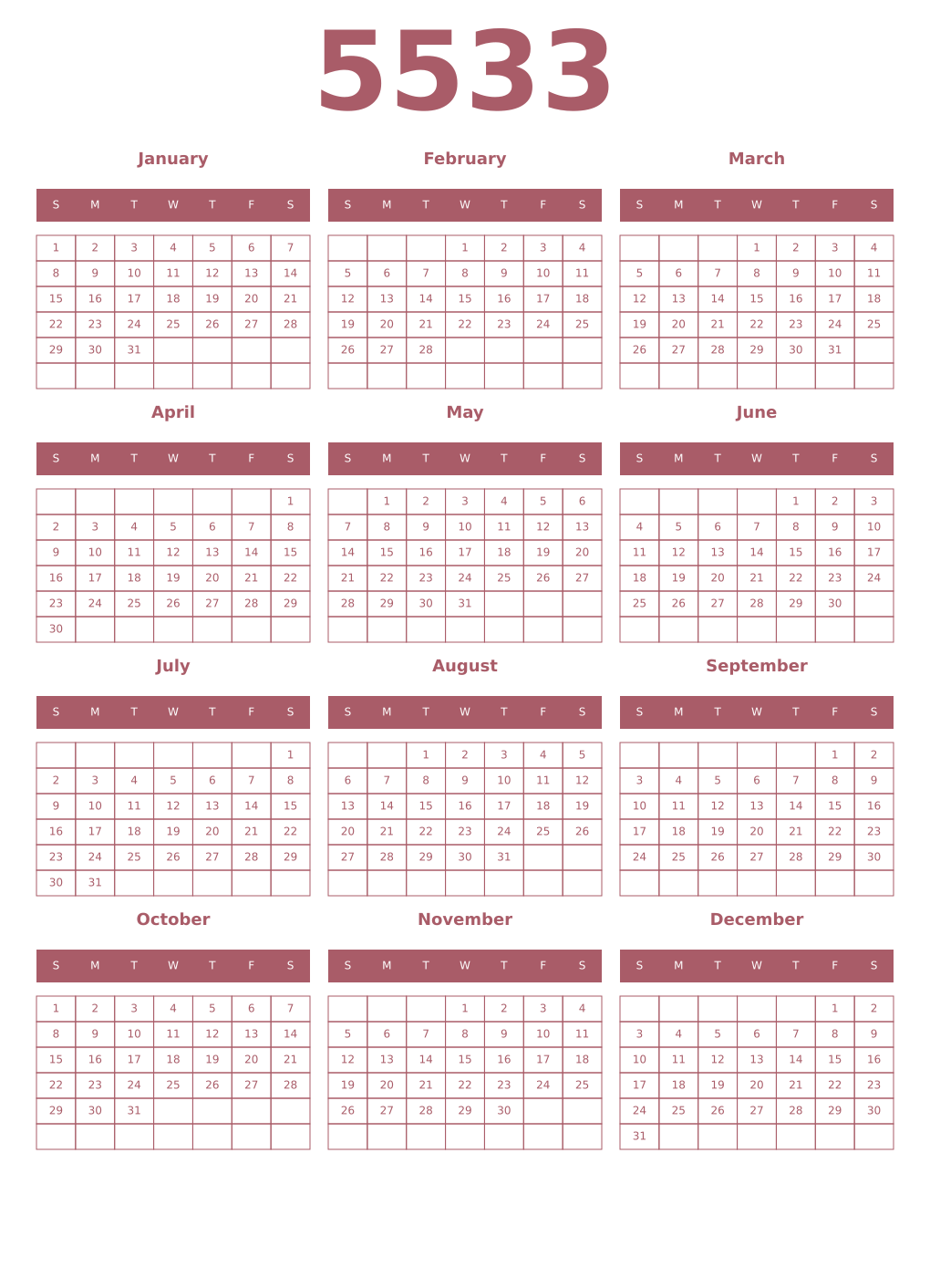 Printable 5533 Year Calendars puce