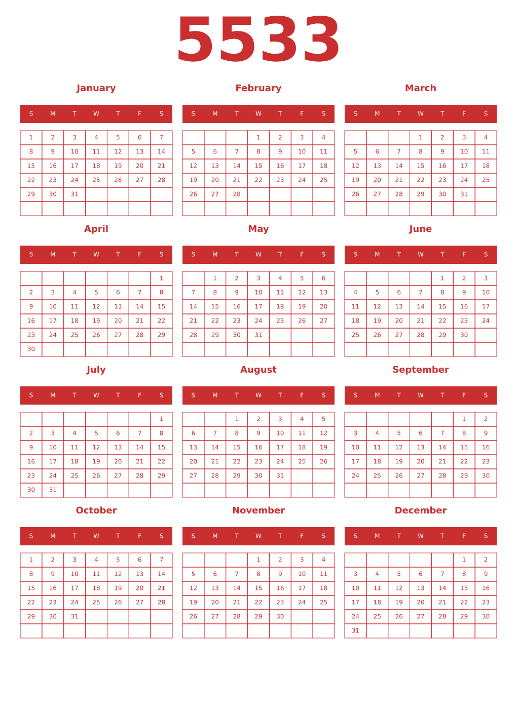 Printable 5533 Year Calendars red