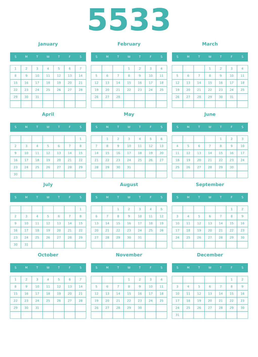 Printable 5533 Year Calendars verdigris