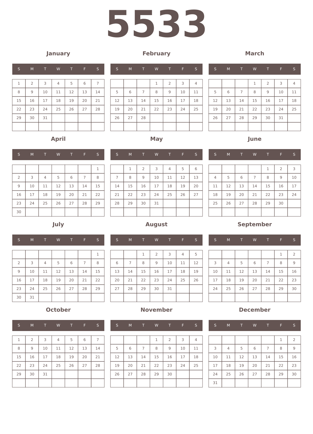 Printable 5533 Year Calendars wenge
