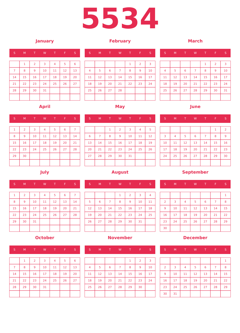 Printable 5534 Year Calendars amaranth