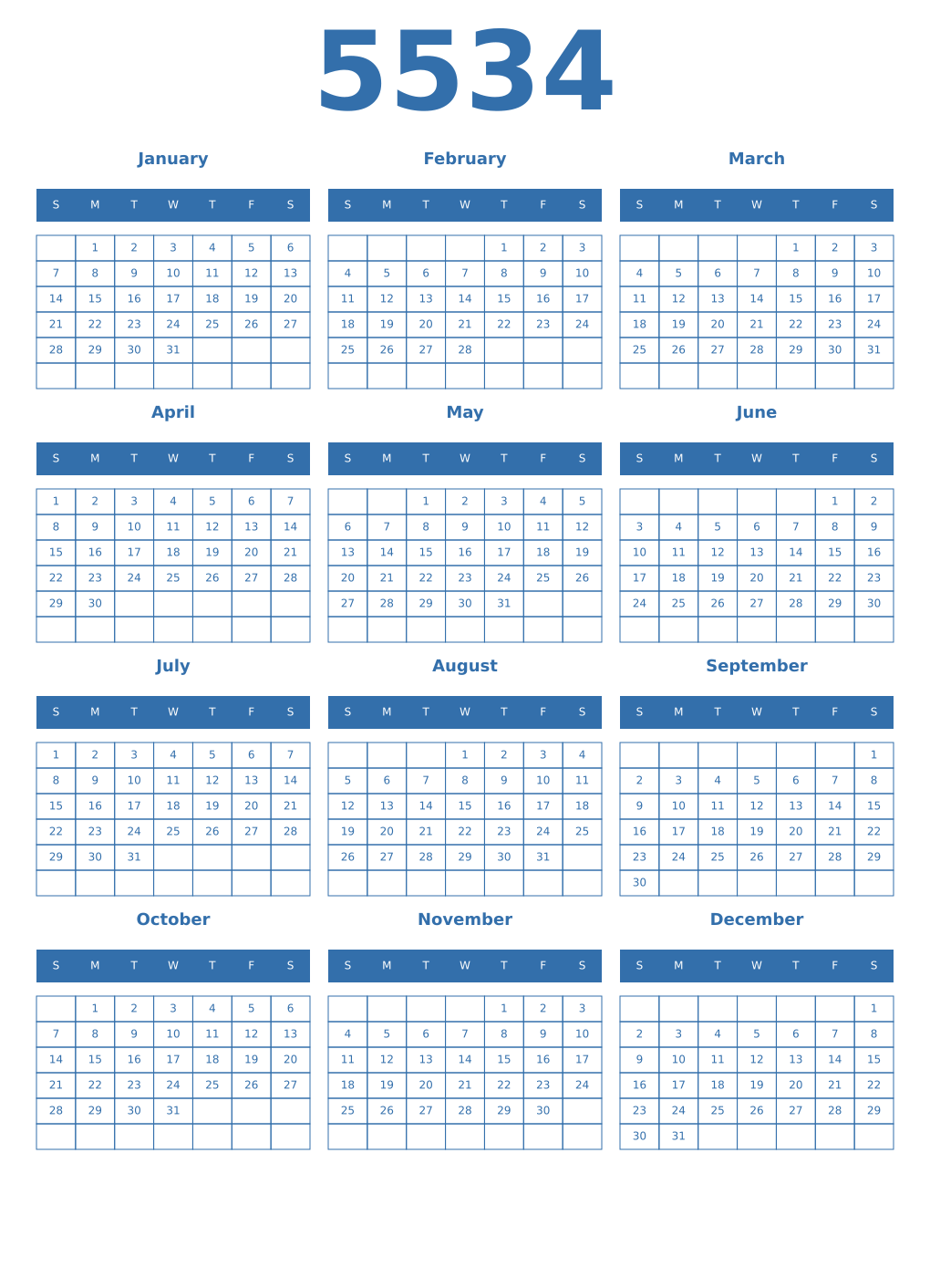 Printable 5534 Year Calendars blue