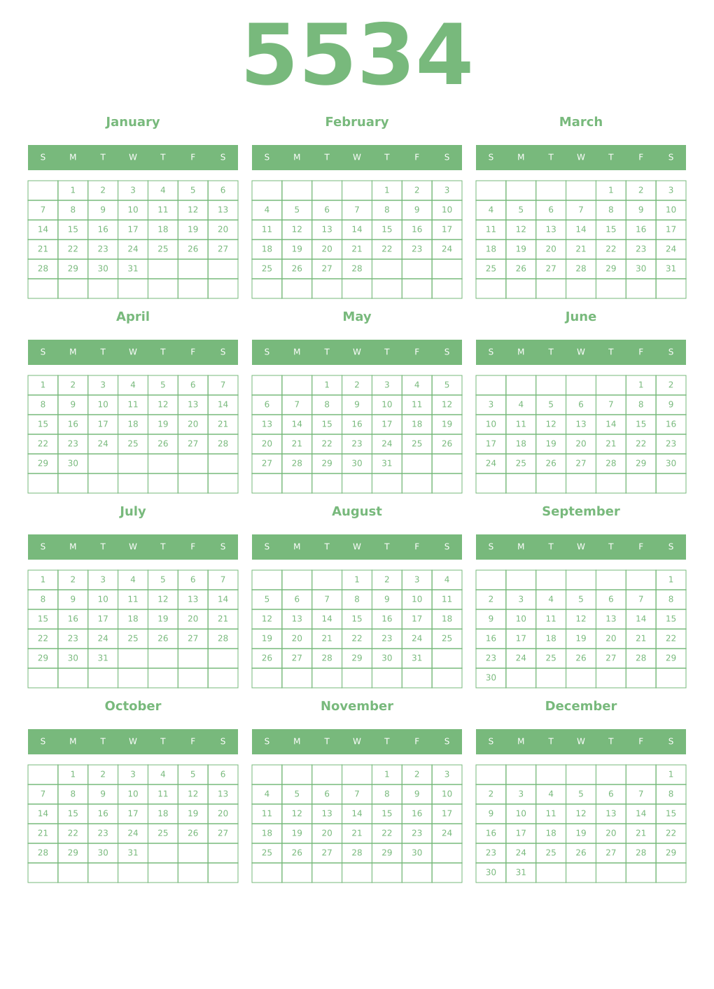 Printable 5534 Year Calendars celadon