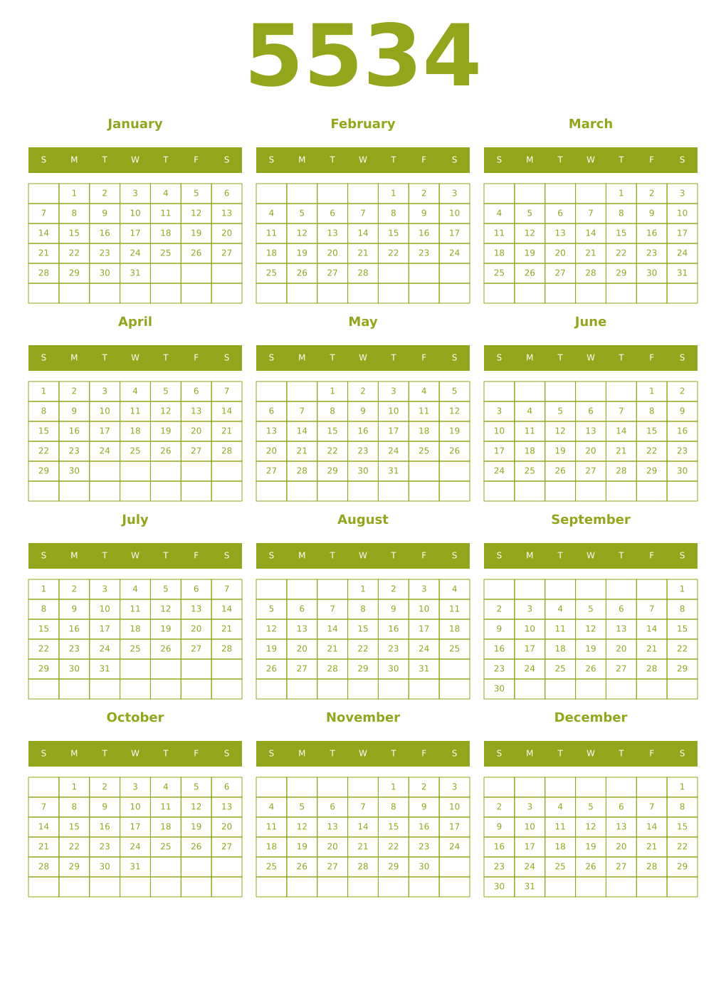 Printable 5534 Year Calendars chartreuse