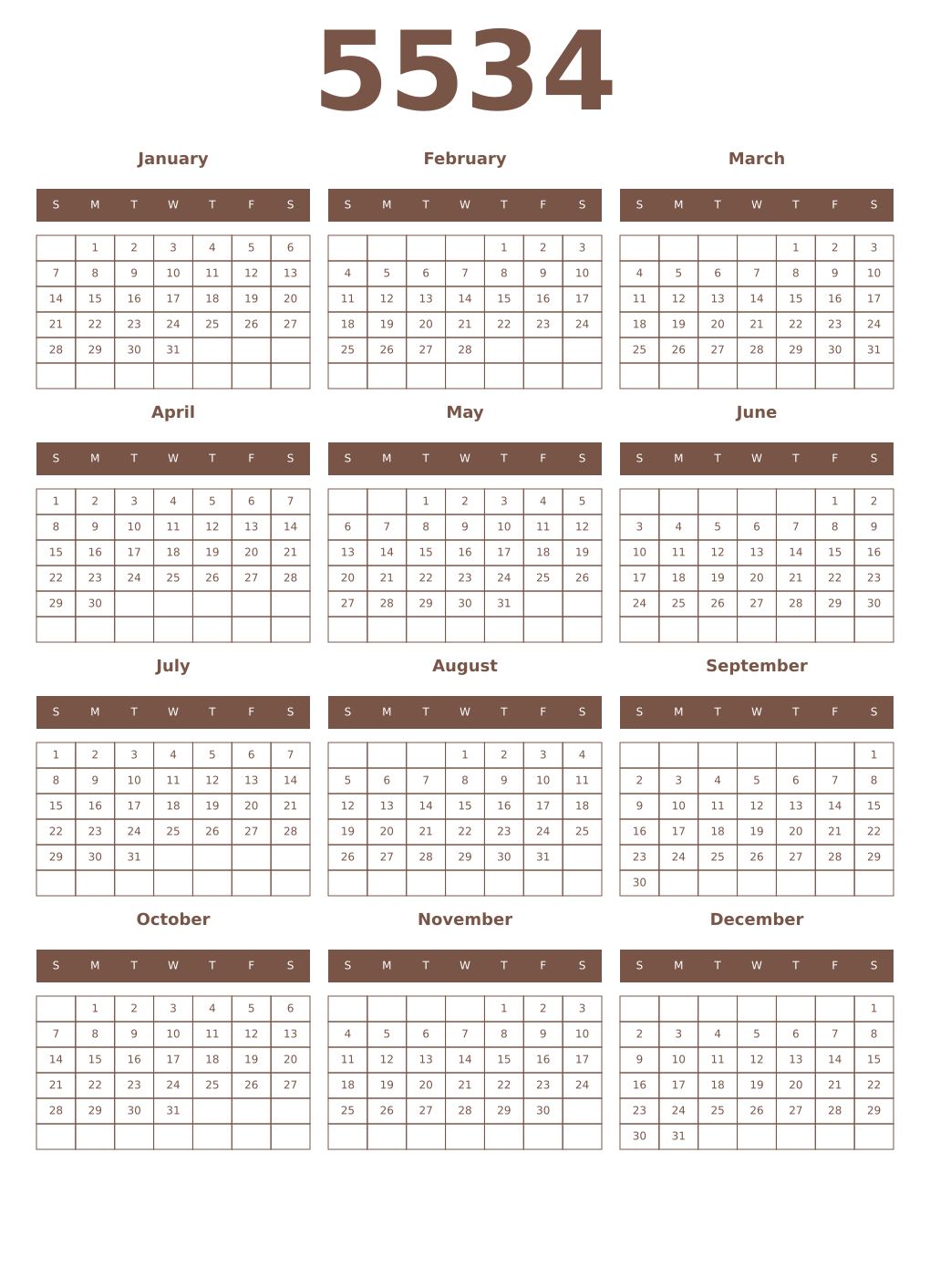 Printable 5534 Year Calendars coffe