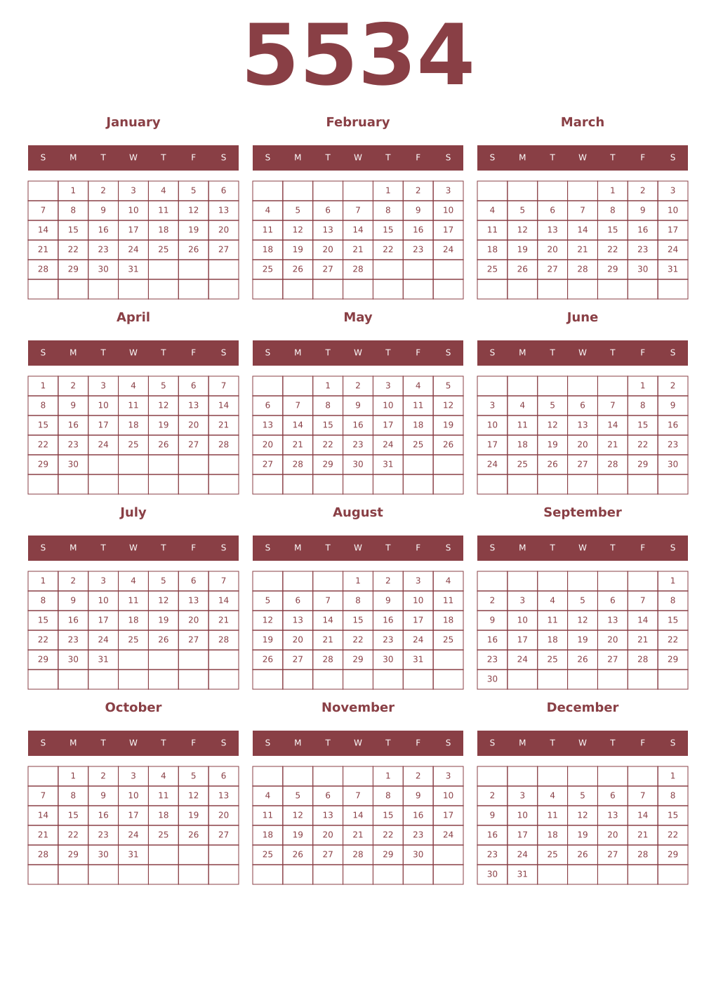 Printable 5534 Year Calendars cordovan