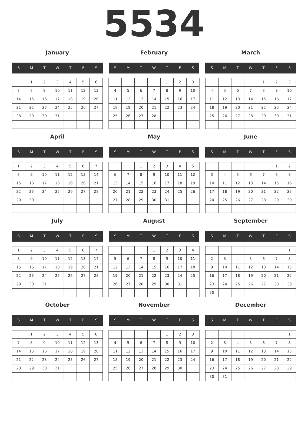 Printable 5534 Year Calendars dark