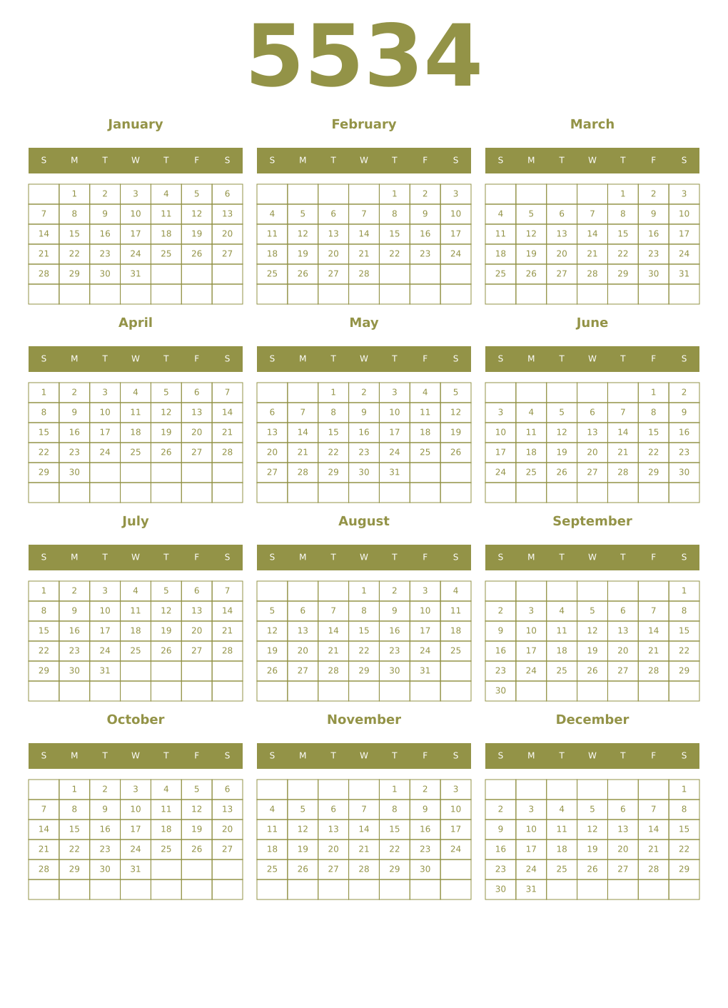 Printable 5534 Year Calendars eburnean