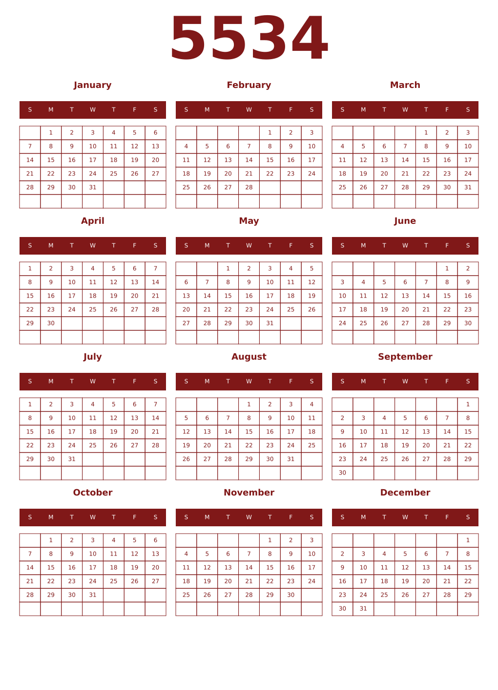Printable 5534 Year Calendars falu