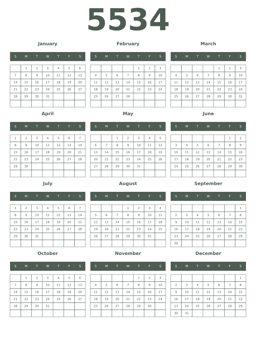 Printable 5534 Year Calendars feldgrau