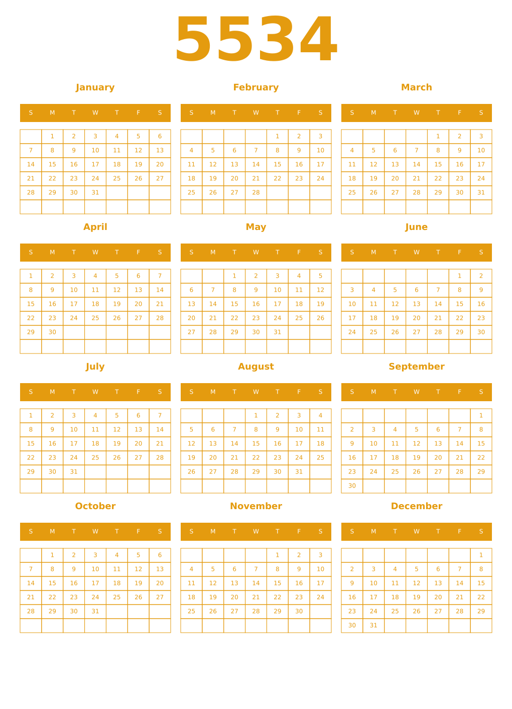 Printable 5534 Year Calendars gamboge