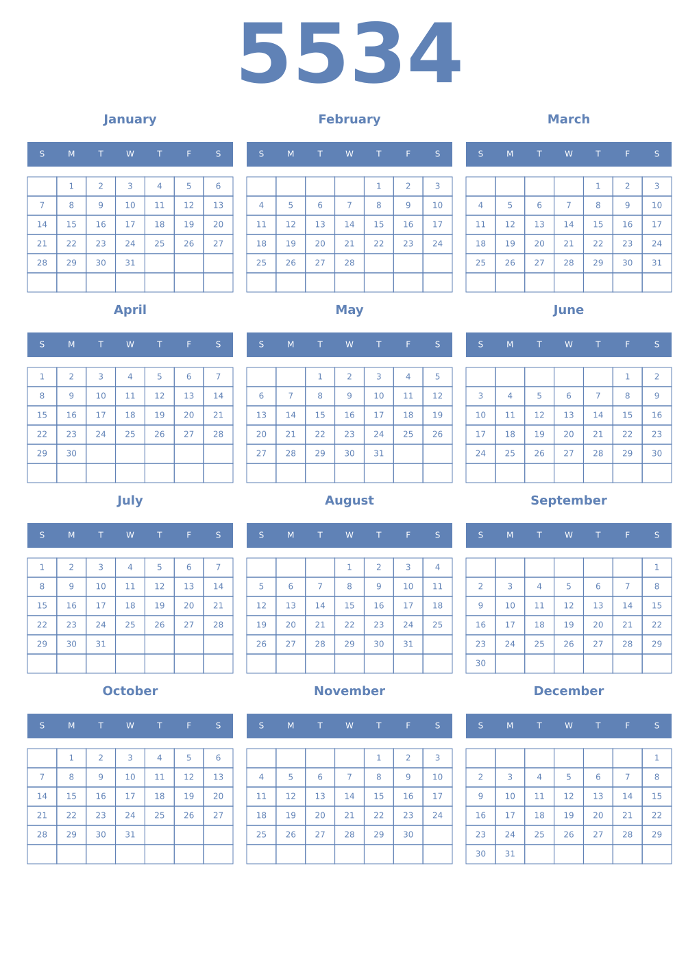 Printable 5534 Year Calendars glaucous