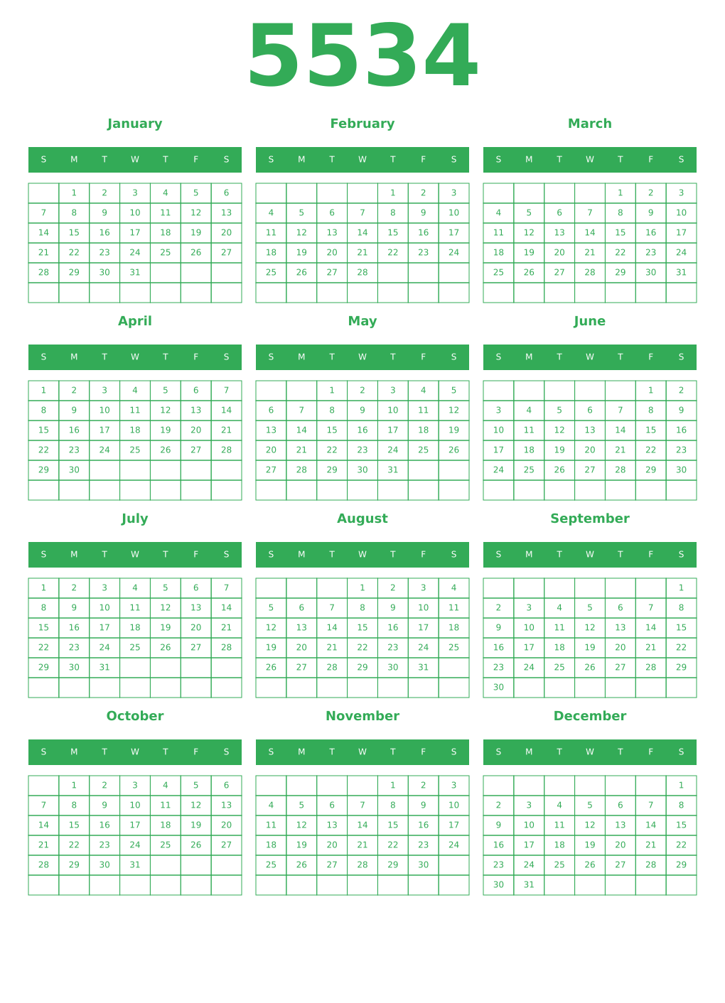 Printable 5534 Year Calendars green