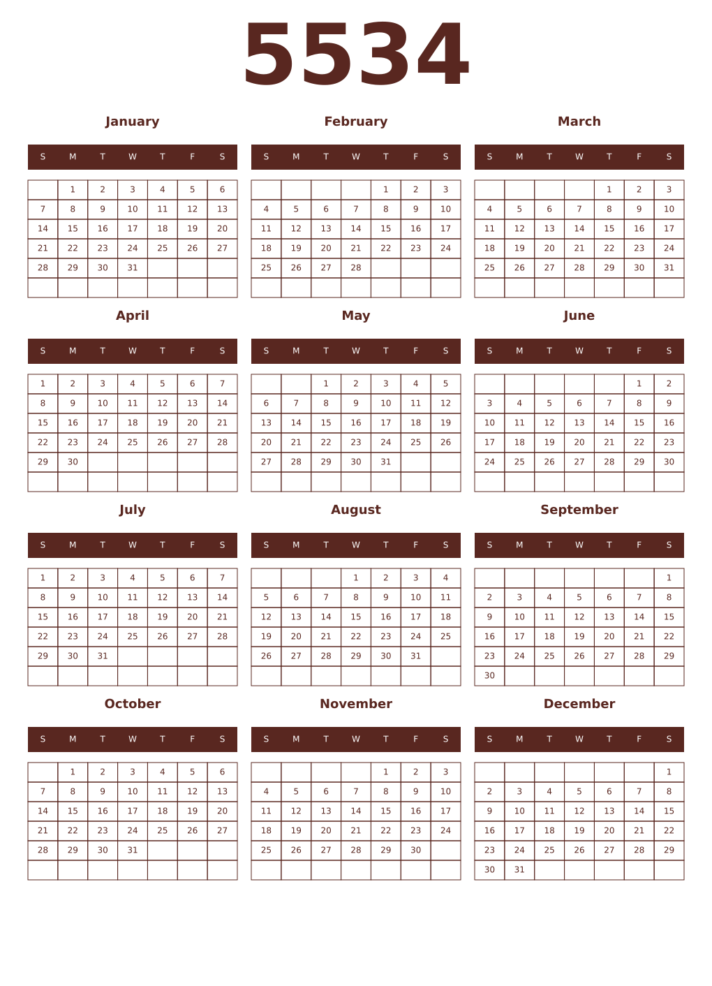Printable 5534 Year Calendars mortuum