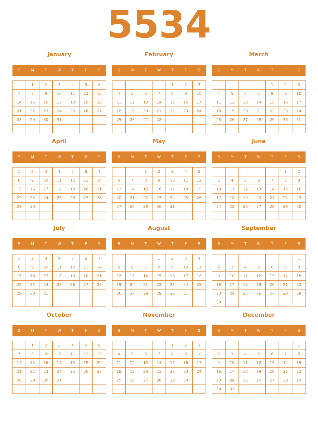 Printable 5534 Year Calendars orange