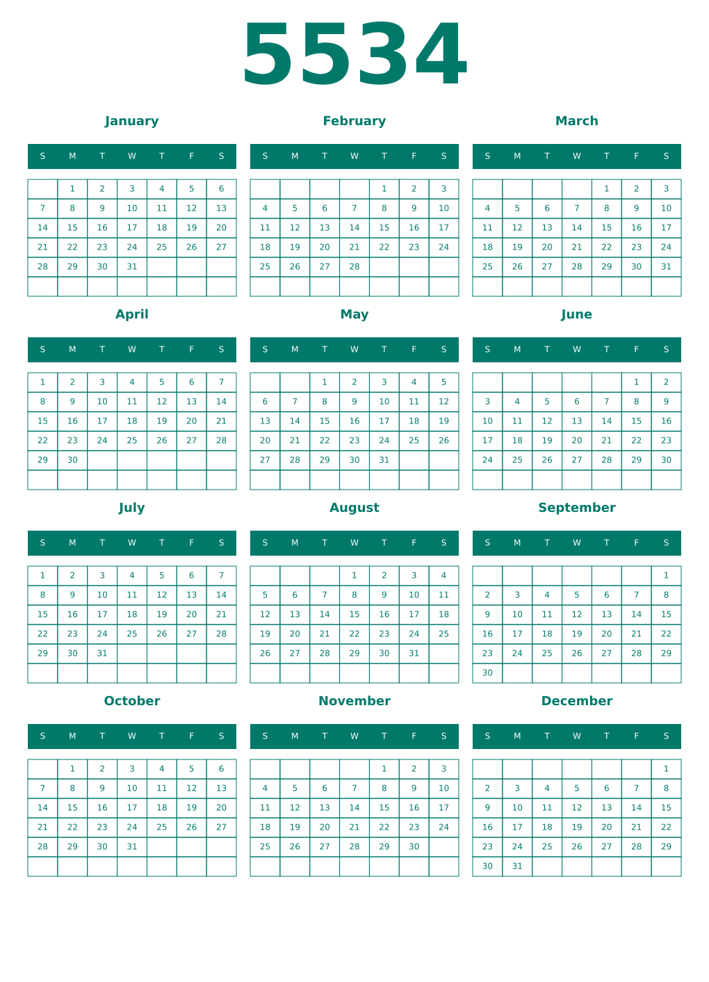 Printable 5534 Year Calendars pastel