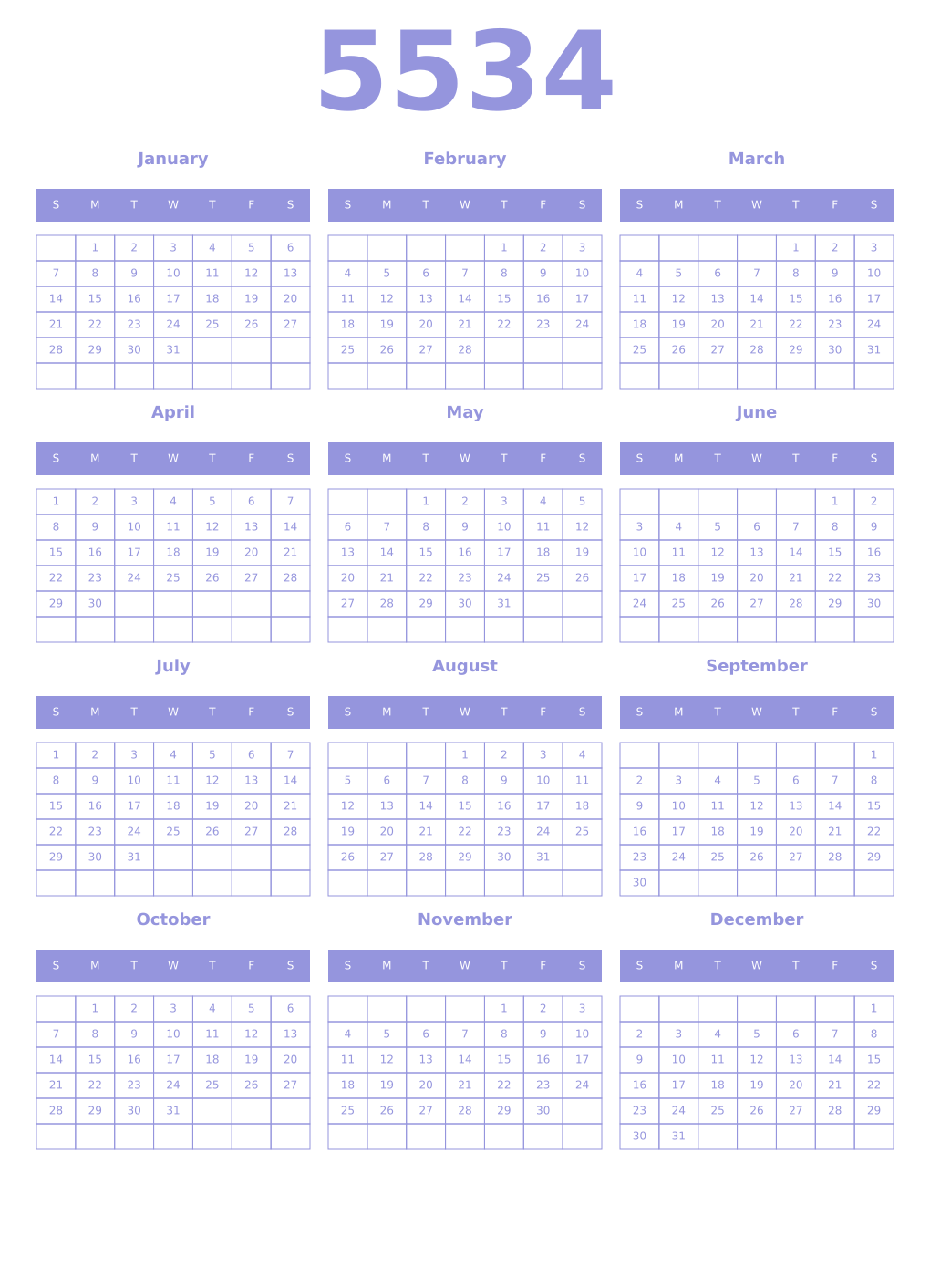 Printable 5534 Year Calendars periwinkle