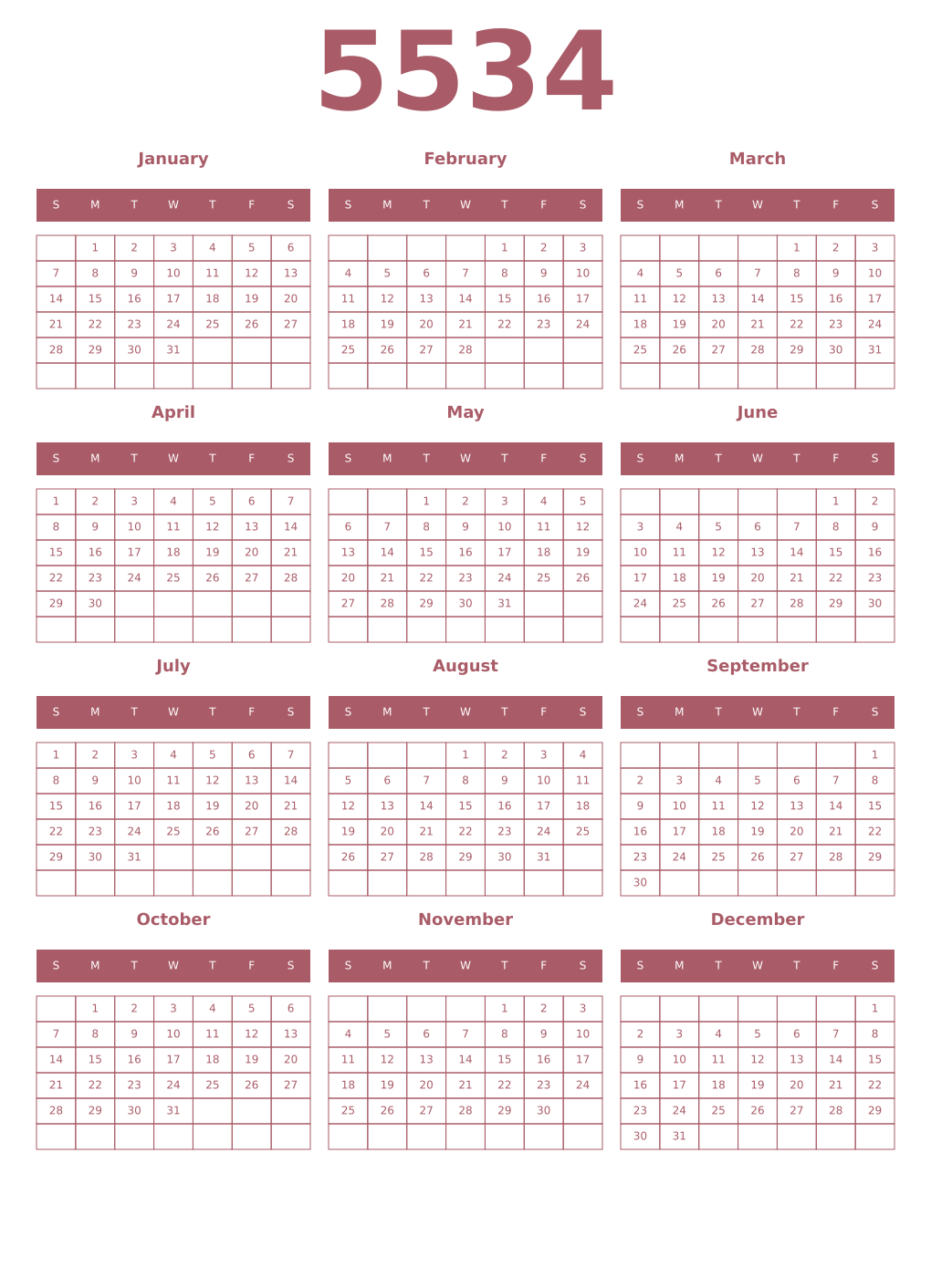 Printable 5534 Year Calendars puce