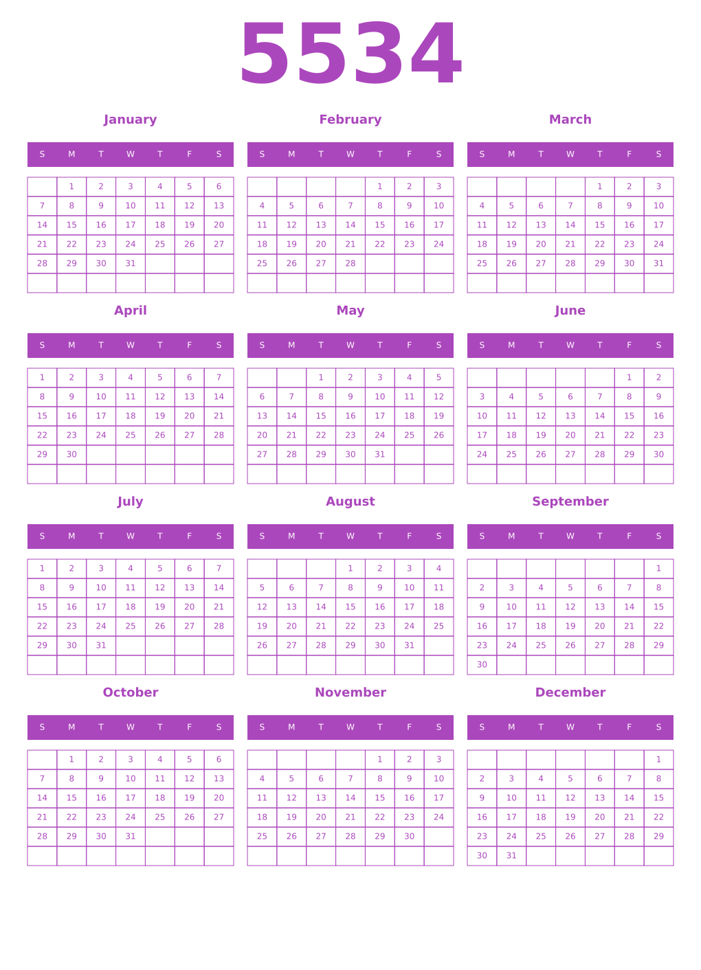 Printable 5534 Year Calendars purple