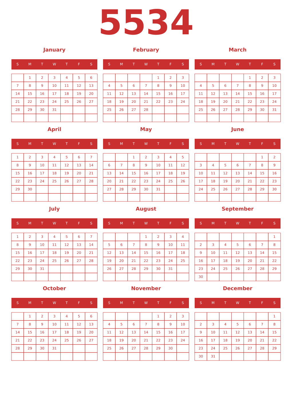 Printable 5534 Year Calendars red