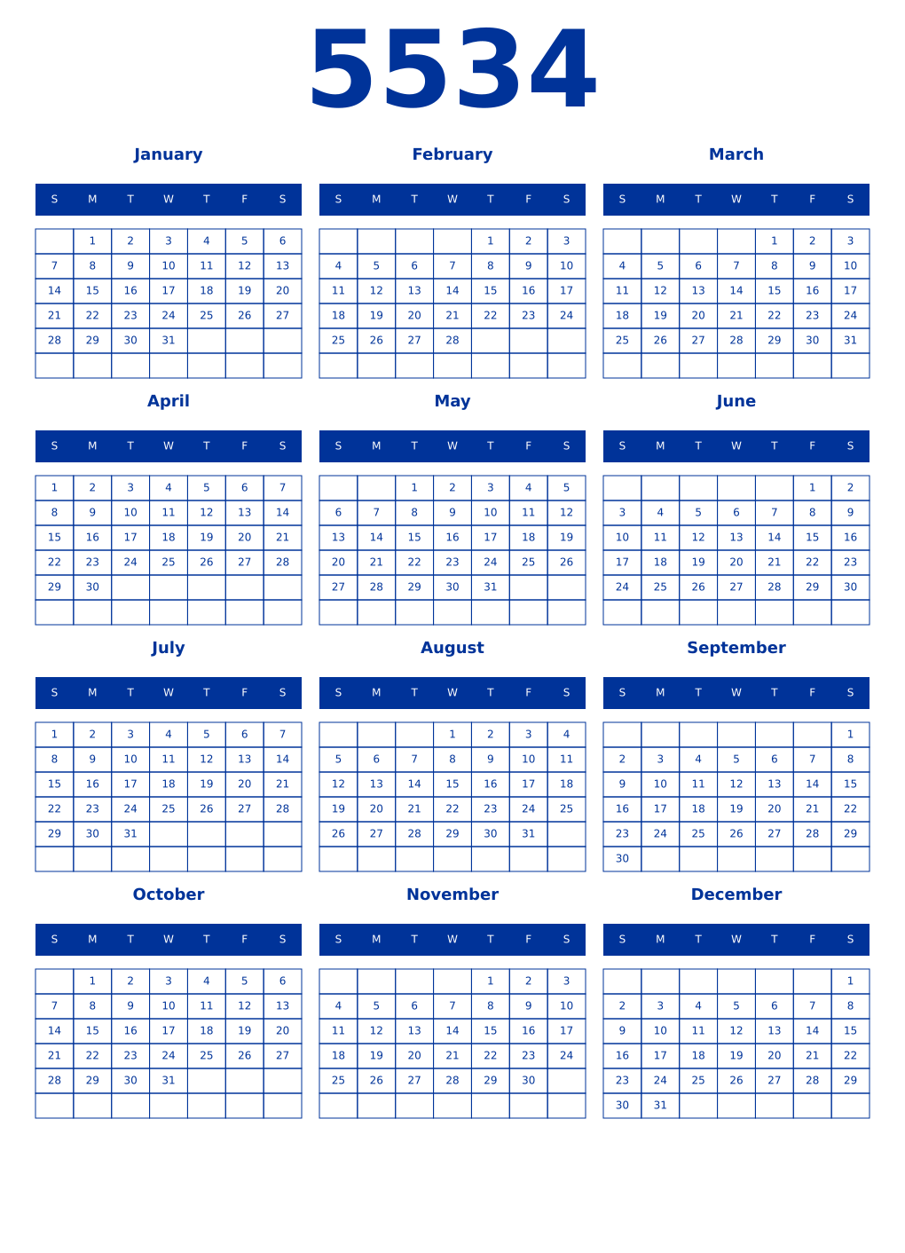 Printable 5534 Year Calendars smalt