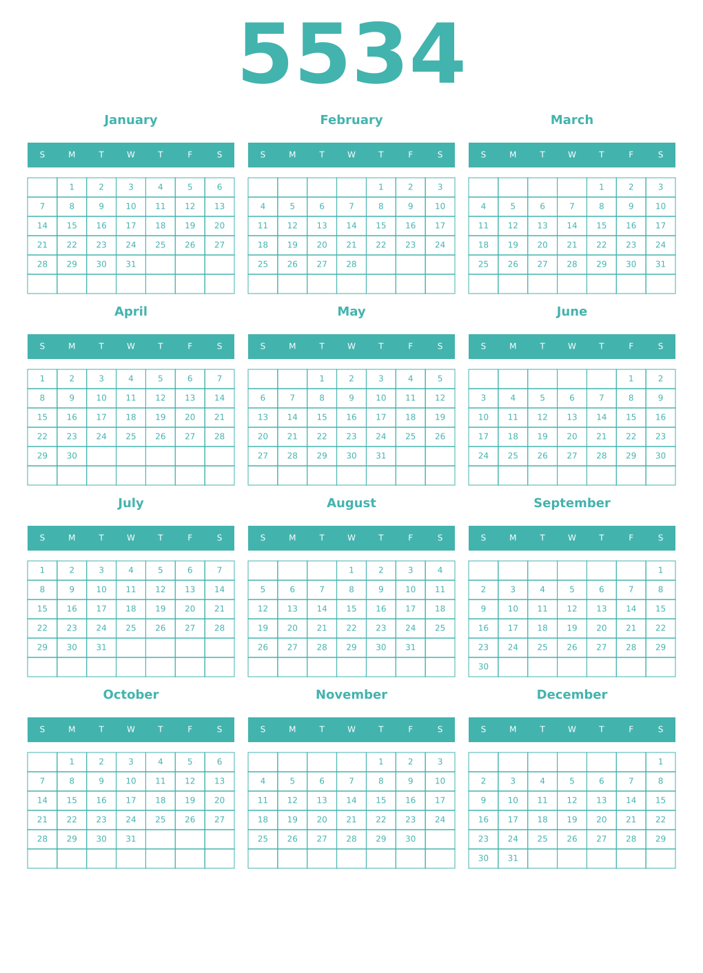 Printable 5534 Year Calendars verdigris