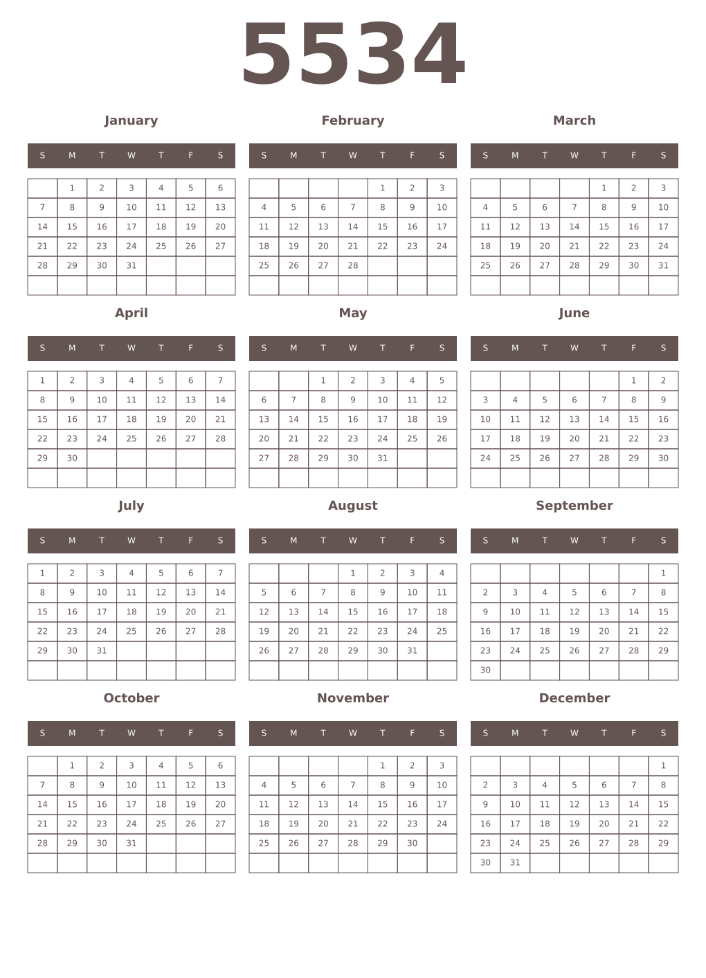 Printable 5534 Year Calendars wenge