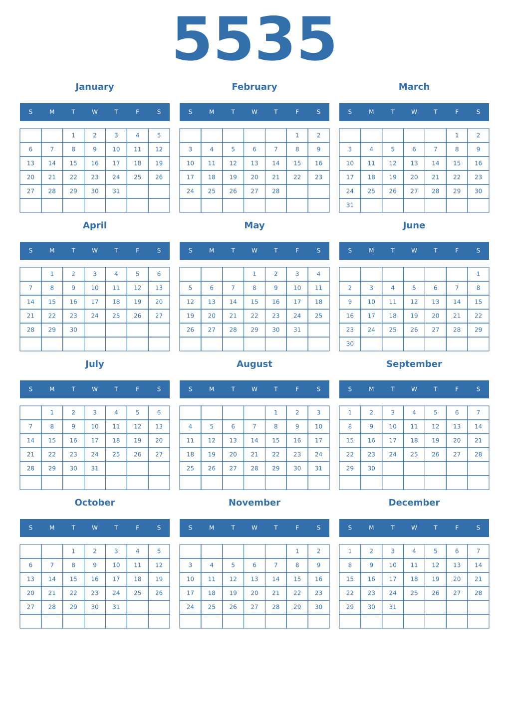 Printable 5535 Year Calendars blue