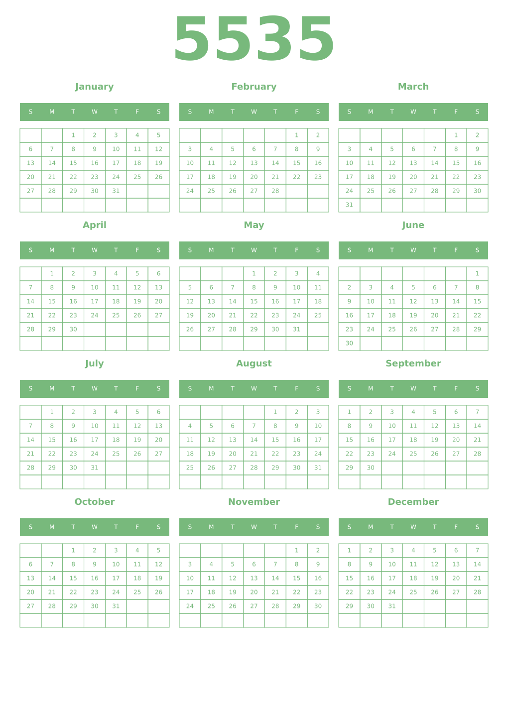 Printable 5535 Year Calendars celadon