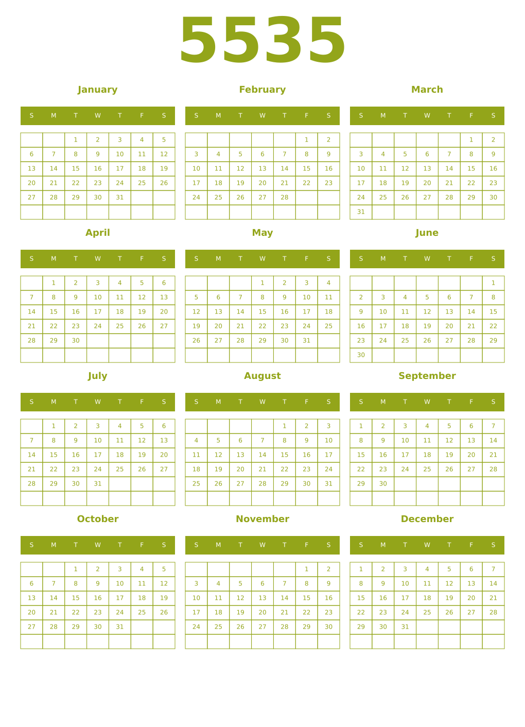 Printable 5535 Year Calendars chartreuse