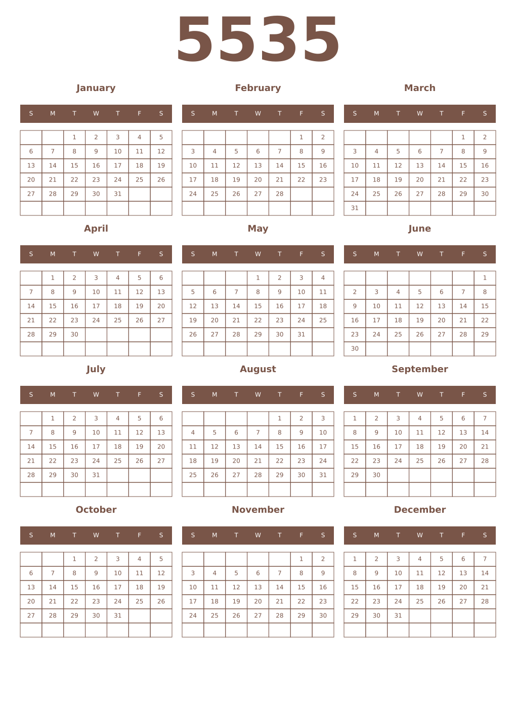 Printable 5535 Year Calendars coffe