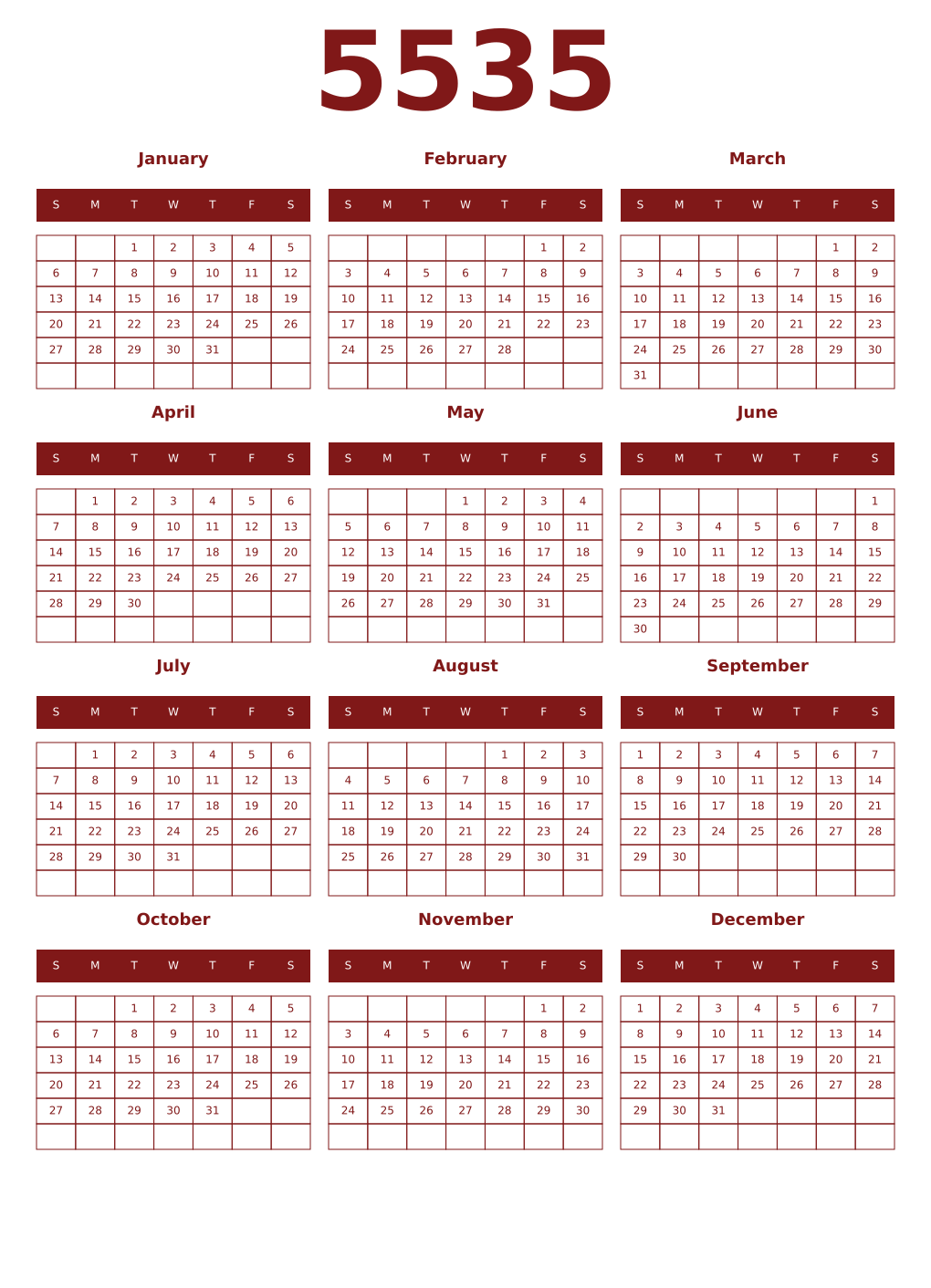 Printable 5535 Year Calendars falu