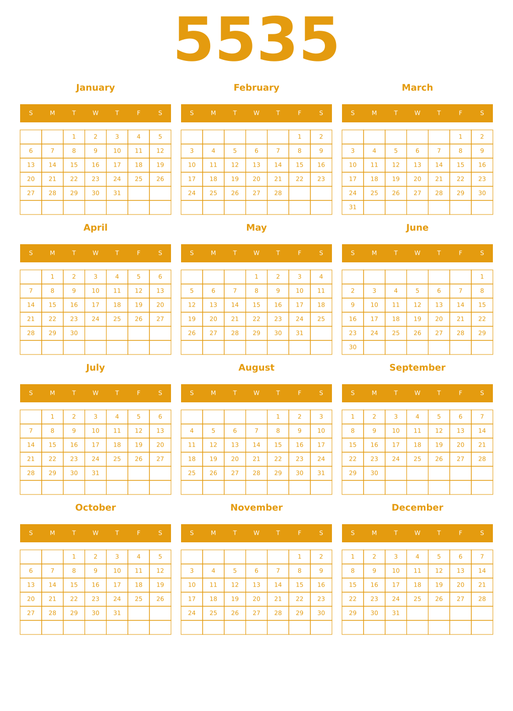 Printable 5535 Year Calendars gamboge