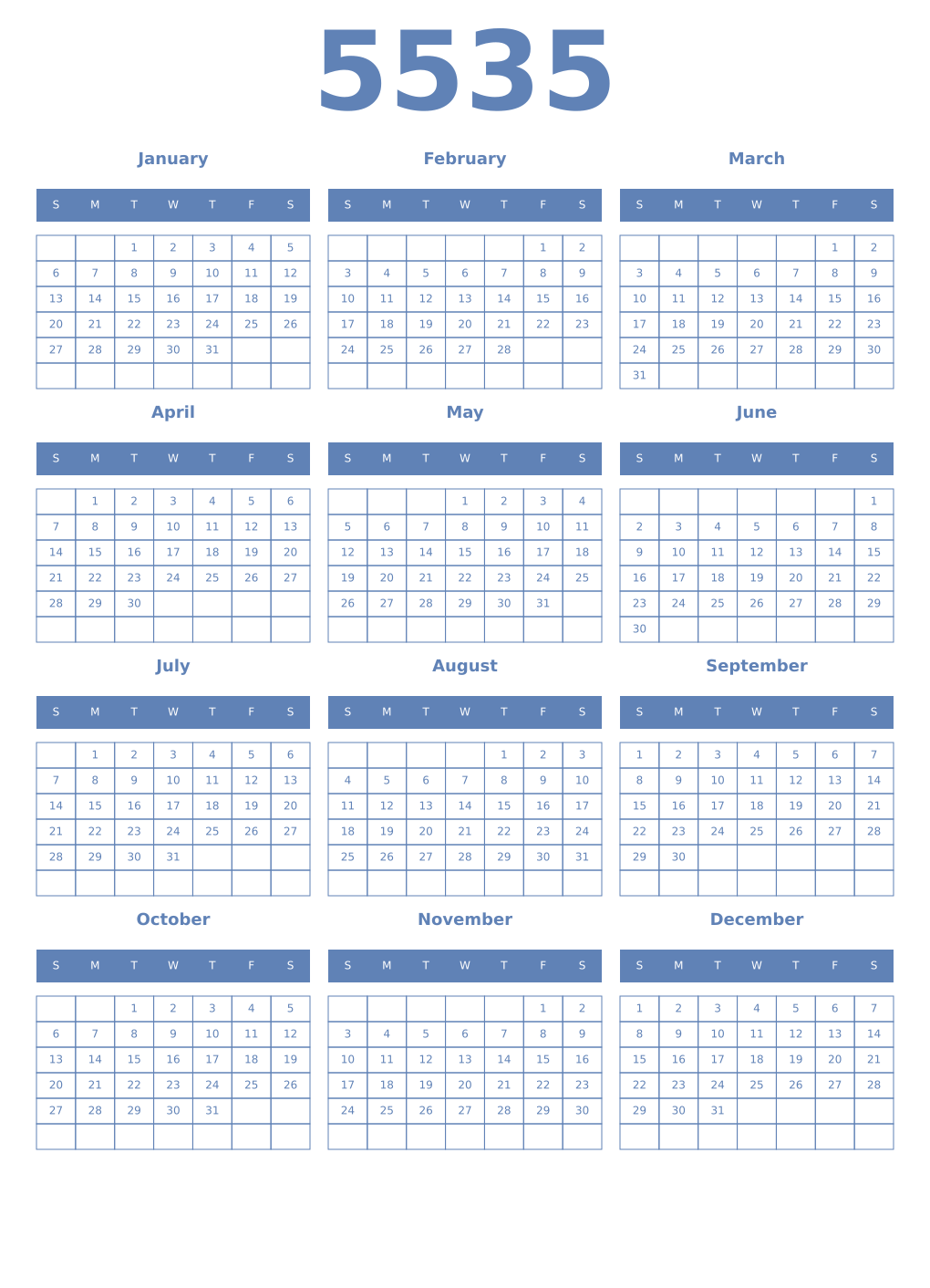 Printable 5535 Year Calendars glaucous