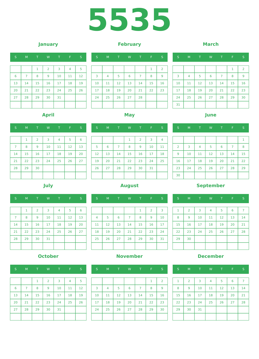 Printable 5535 Year Calendars green