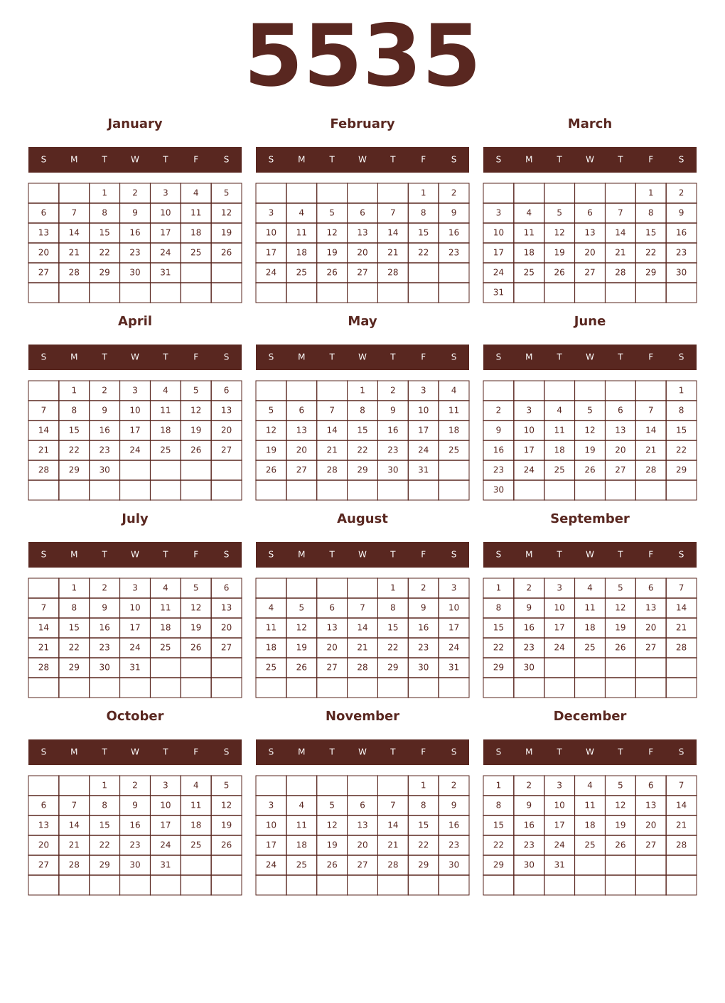 Printable 5535 Year Calendars mortuum