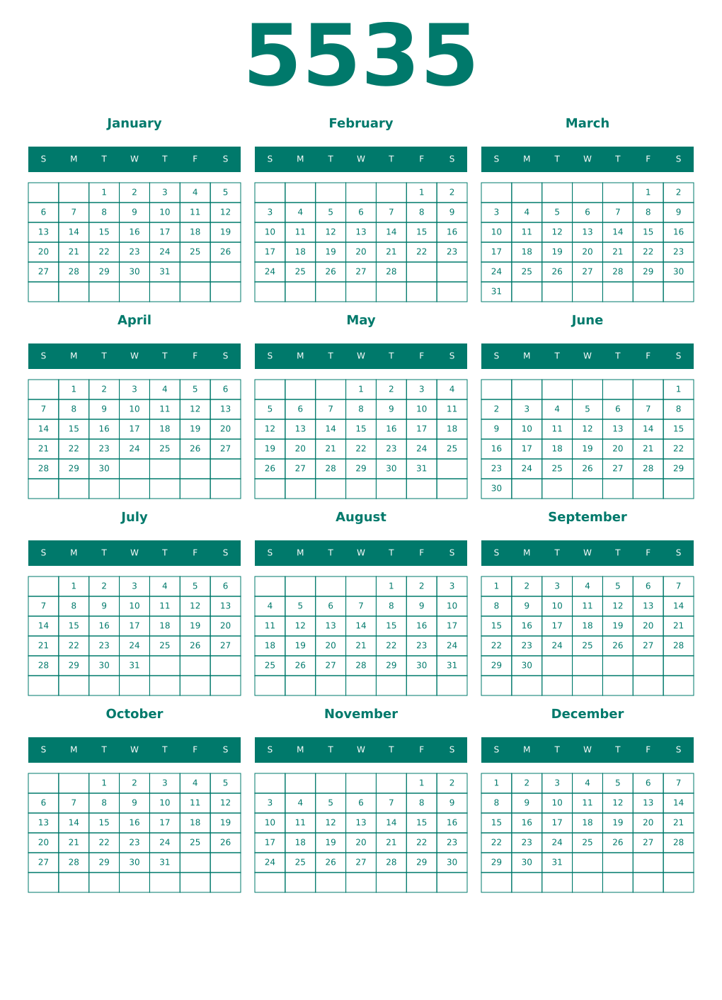 Printable 5535 Year Calendars pastel