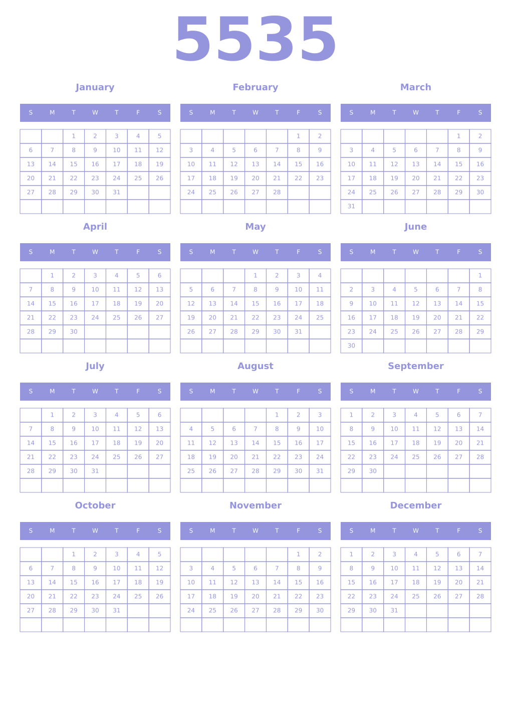 Printable 5535 Year Calendars periwinkle