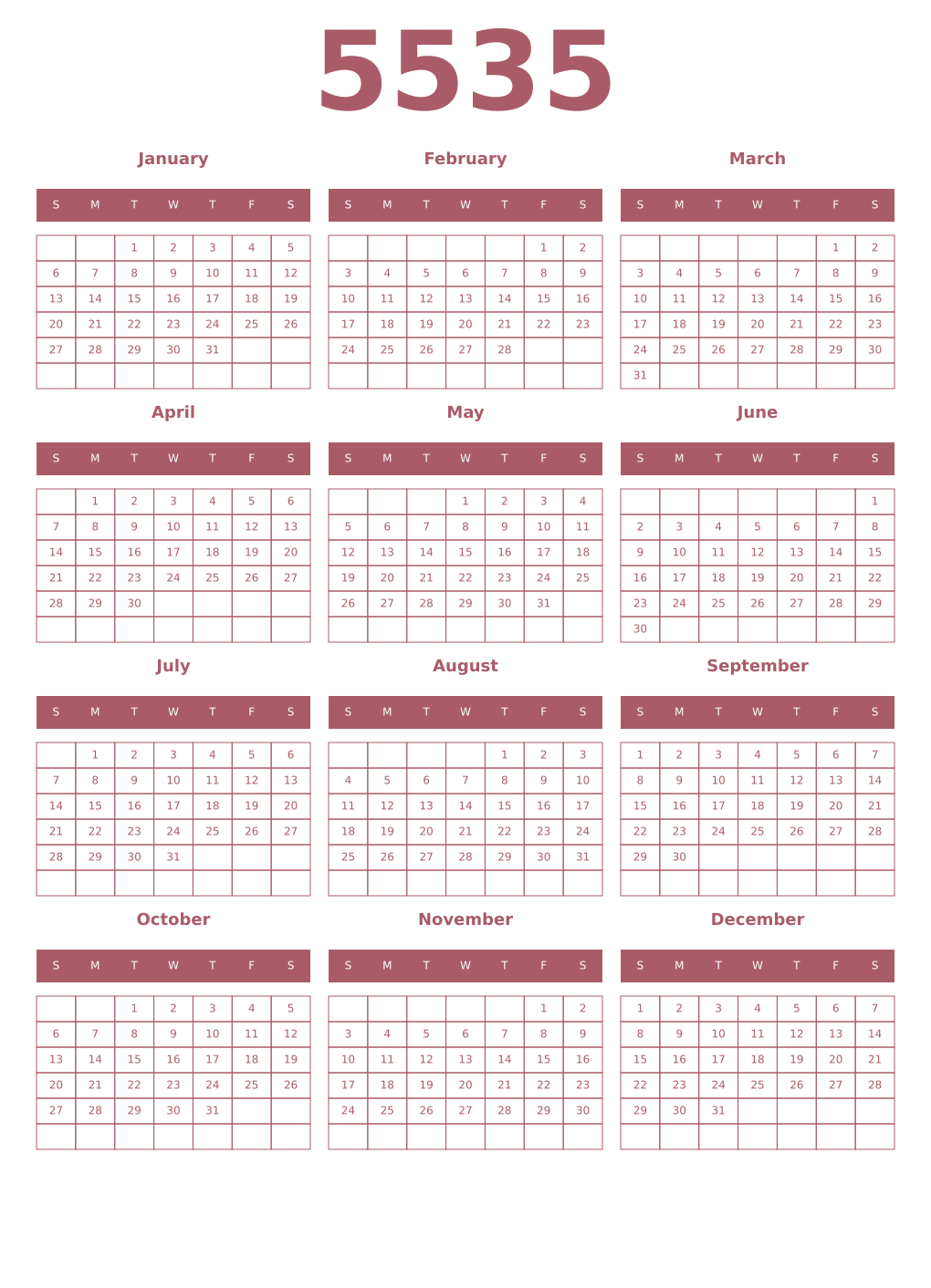Printable 5535 Year Calendars puce