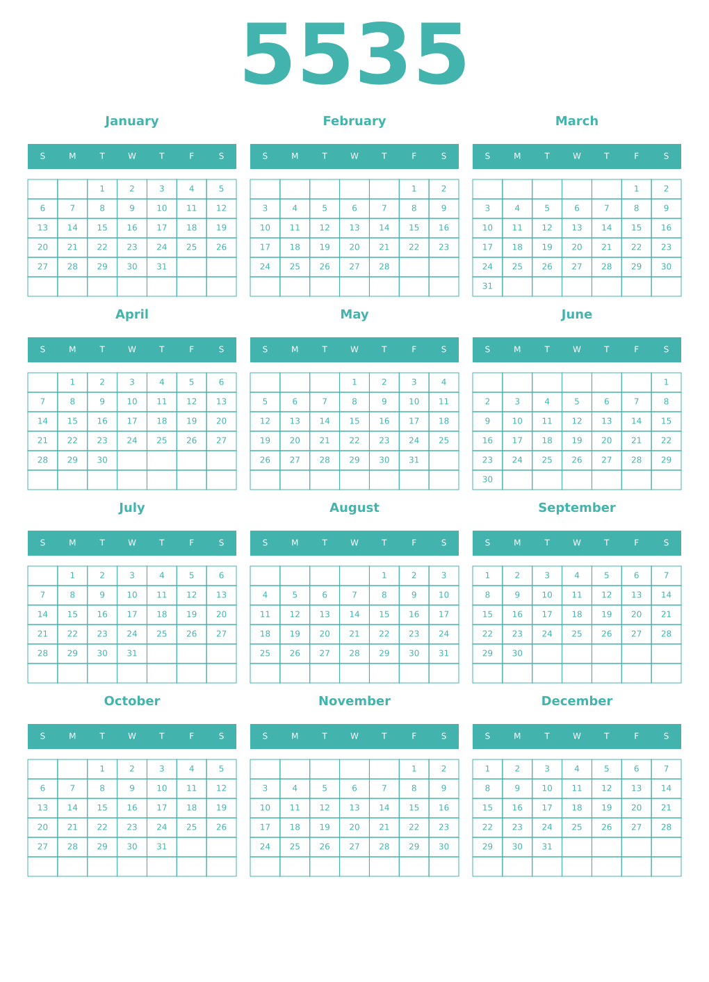 Printable 5535 Year Calendars verdigris
