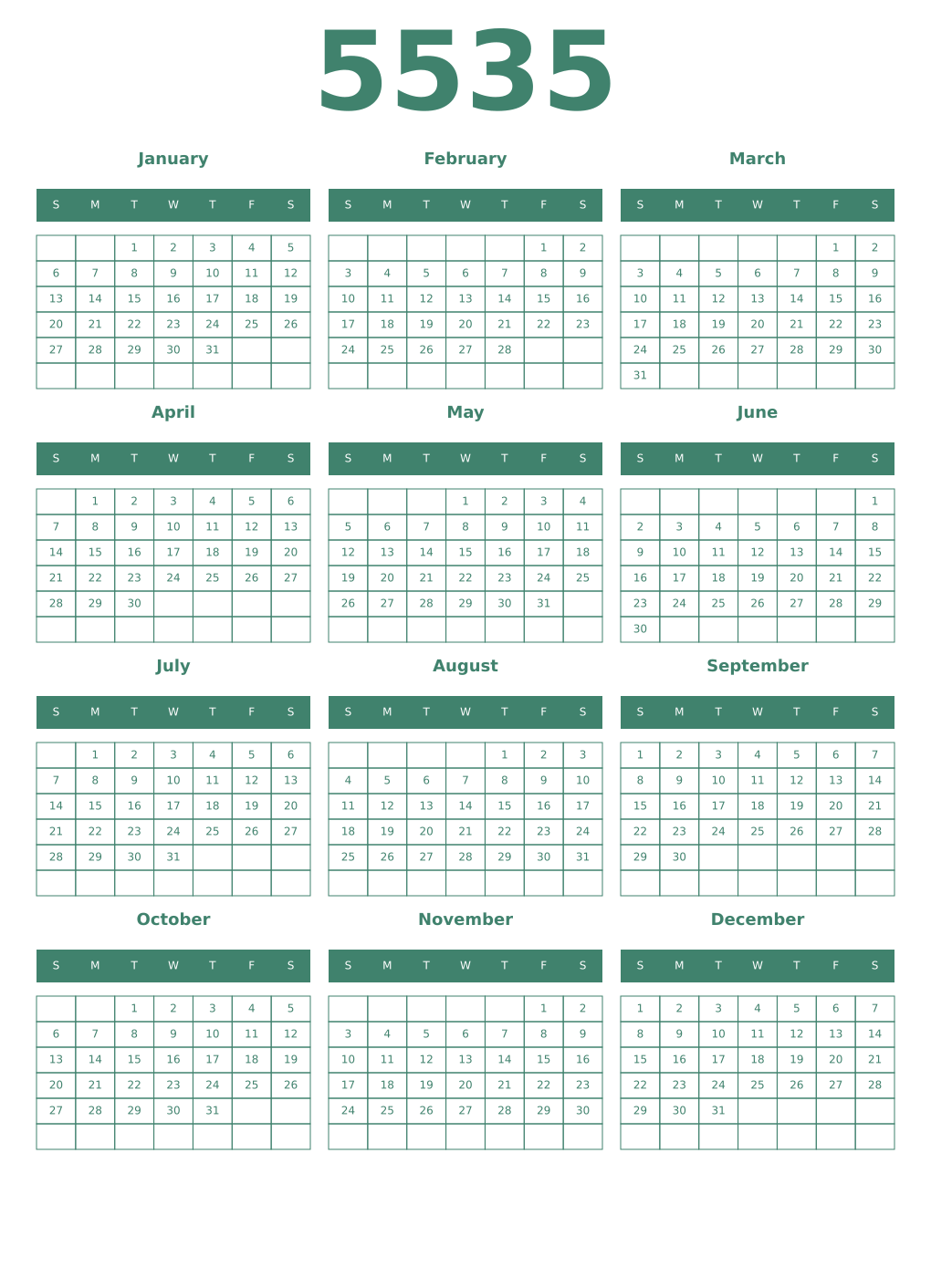 Printable 5535 Year Calendars viridian