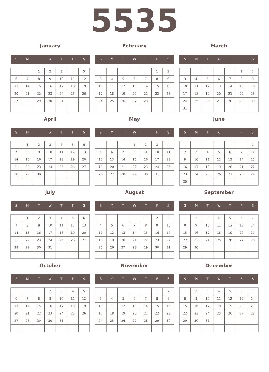 Printable 5535 Year Calendars wenge