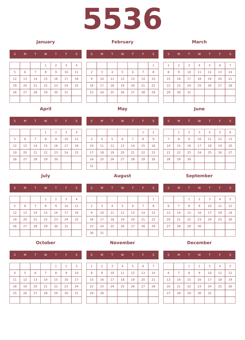 Printable 5536 Year Calendars cordovan