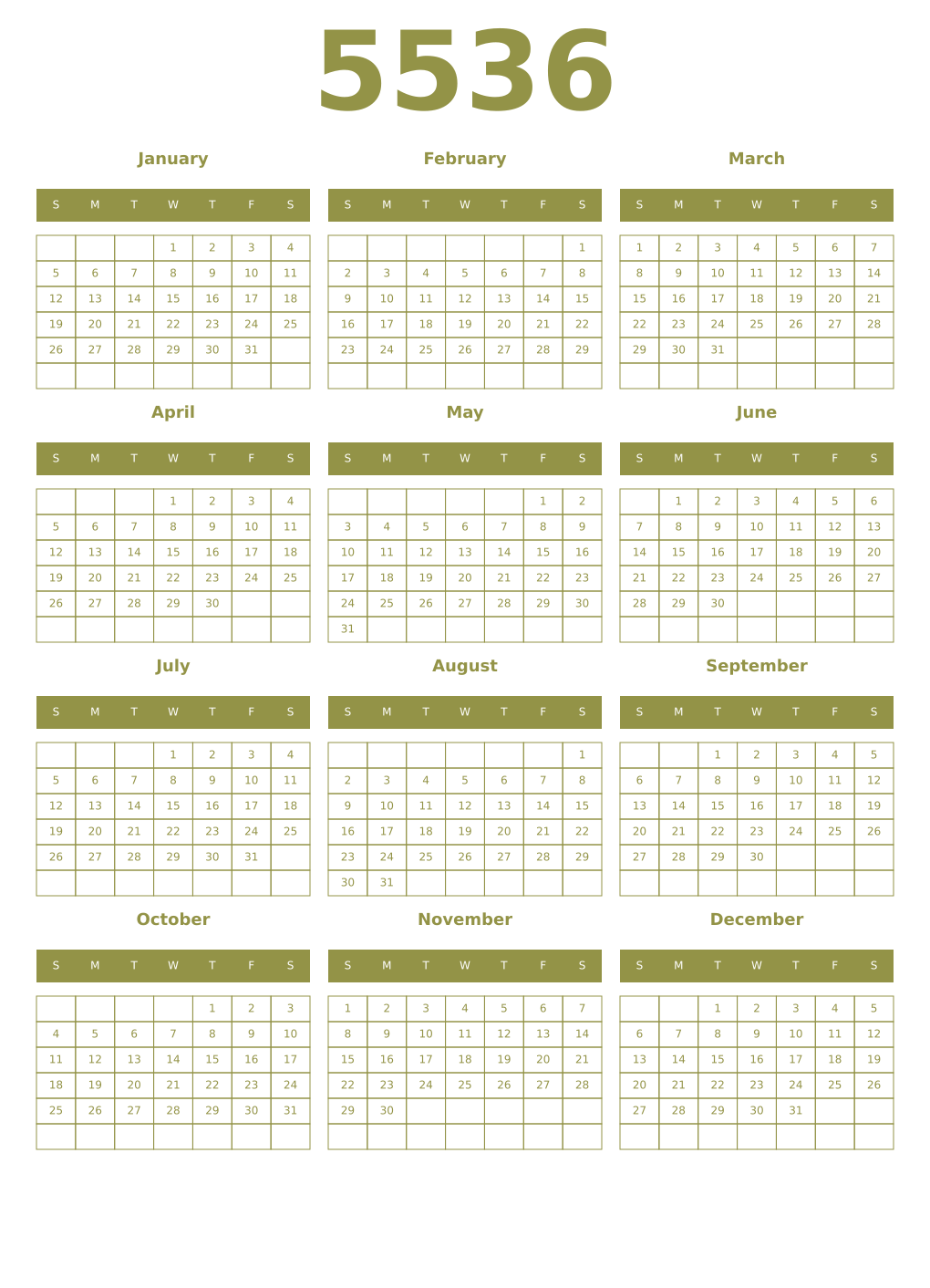 Printable 5536 Year Calendars eburnean