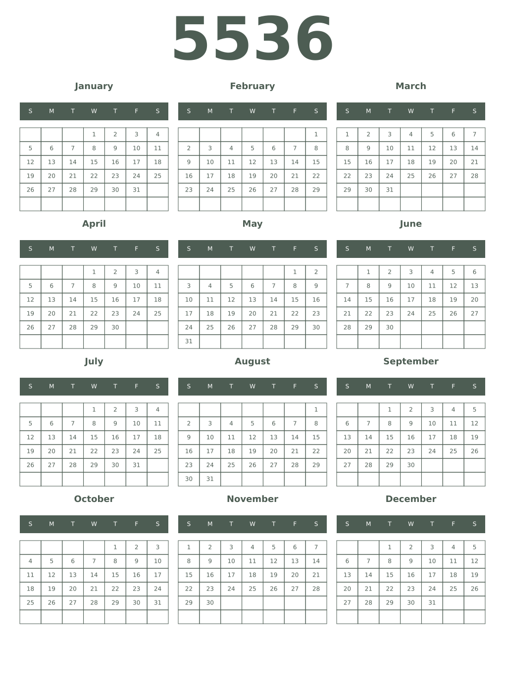 Printable 5536 Year Calendars feldgrau