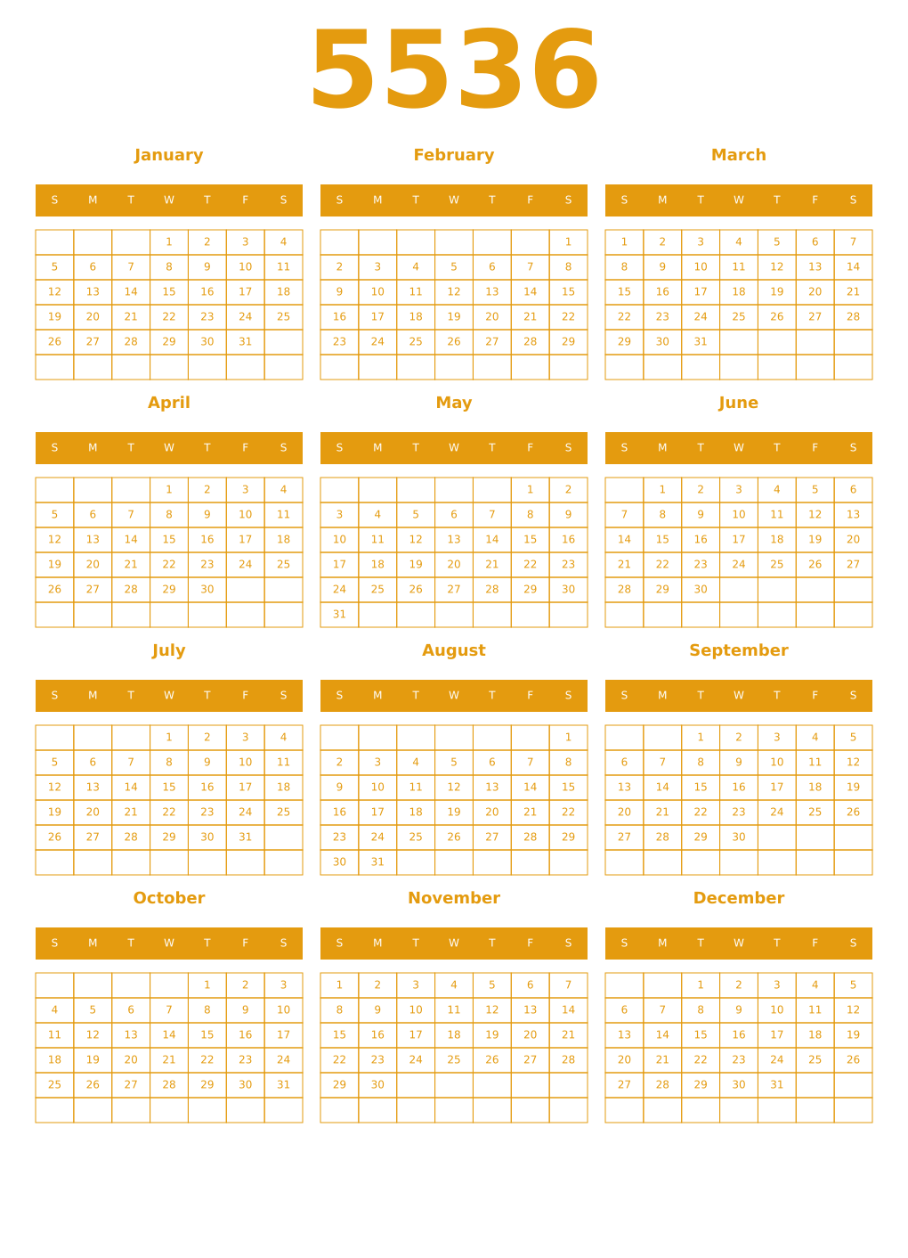 Printable 5536 Year Calendars gamboge